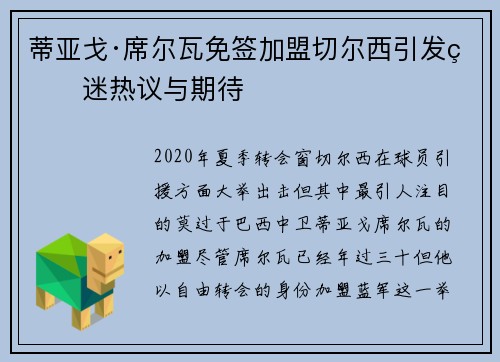蒂亚戈·席尔瓦免签加盟切尔西引发球迷热议与期待 蒂亚戈·席尔瓦免签加盟切尔西引发球迷热议与期待