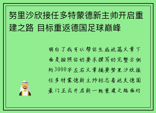 努里沙欣接任多特蒙德新主帅开启重建之路 目标重返德国足球巅峰