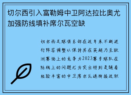 切尔西引入富勒姆中卫阿达拉比奥尤加强防线填补席尔瓦空缺